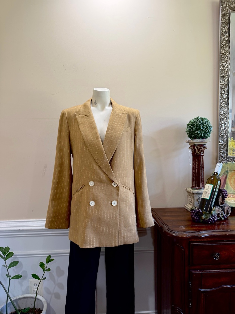 Veronica Beard Perineti Dickey Double-Breasted Tan Pinstripe Blazer